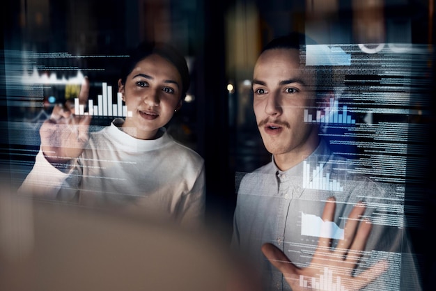 Teamwork cyber security and programmer with business people at night for augmented reality developer and 3d hologram Software data and future with employee for coding technology and digital