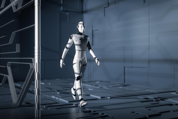 Technology improvement concept with 3d rendering cyborg walking