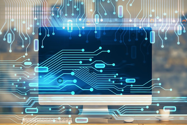 technology theme drawing and table with computer multi exposure concept of information