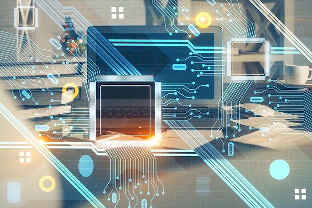 technology theme drawing and work space with computer double exposure concept of innovation