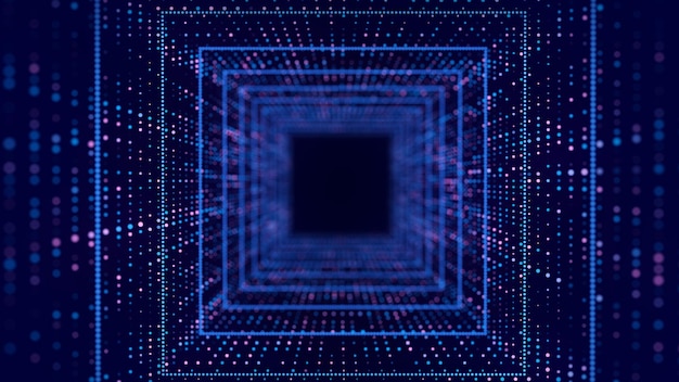 Technology wireframe square tunnel on blue background Futuristic 3D wormhole grid Big data visualization 3D rendering