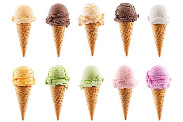 ten scoops of ice cream in waffle cones