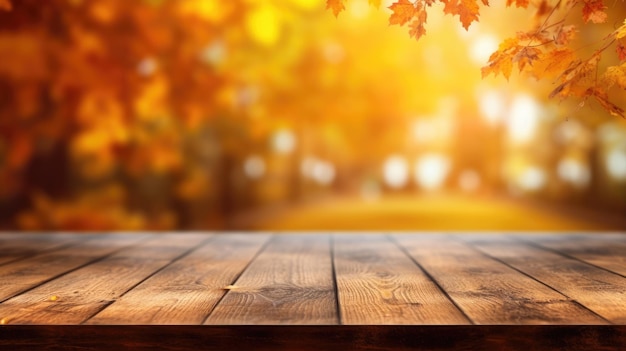 The empty wooden table top with blur background of autumn Exuberant image