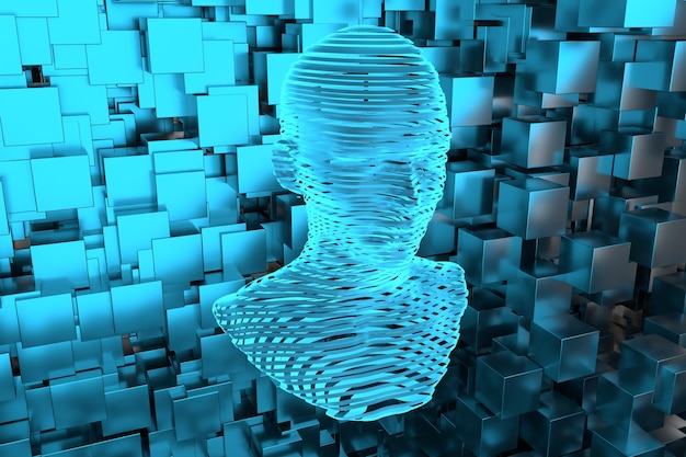 The head of the virtual robot with concepts of artificial intelligence 3d rendering
