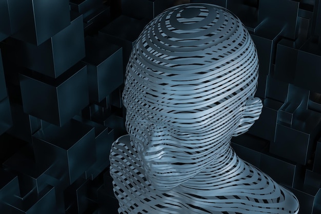 The head of the virtual robot with concepts of artificial intelligence 3d rendering