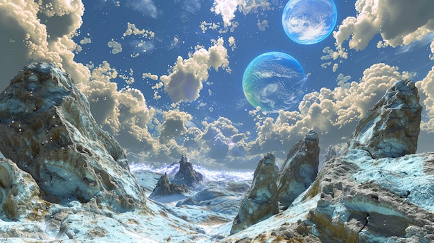 The image is a beautiful landscape of another planet There are tall mountains a blue sky and two moons