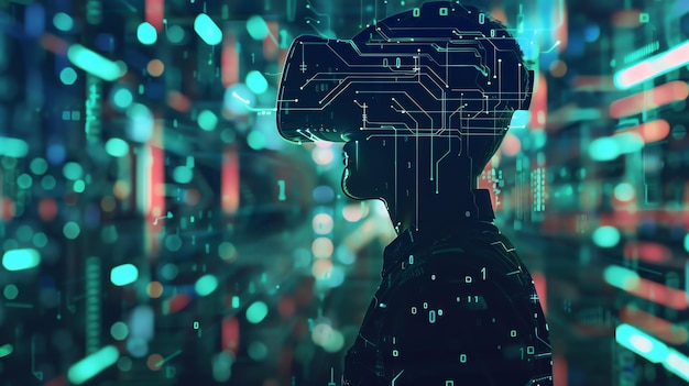 The image is a dark silhouette of a person wearing a virtual reality headset The person is standing