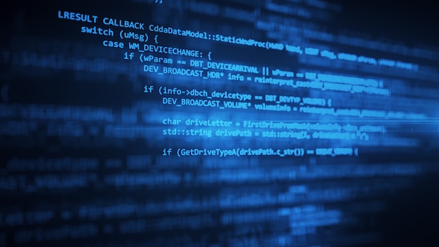 The programming code works through the computer screen terminal 3d illustration