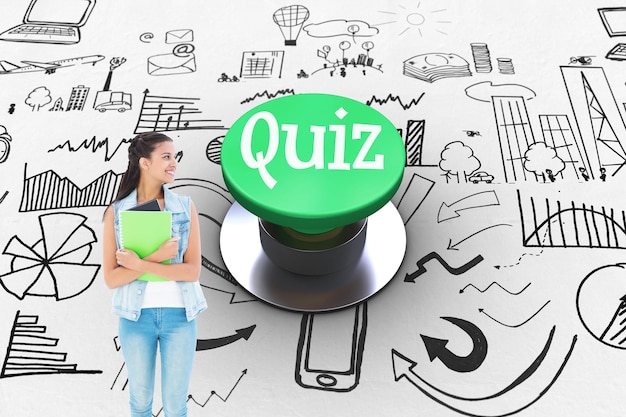 The word quiz and student holding notepads against digitally generated green push button