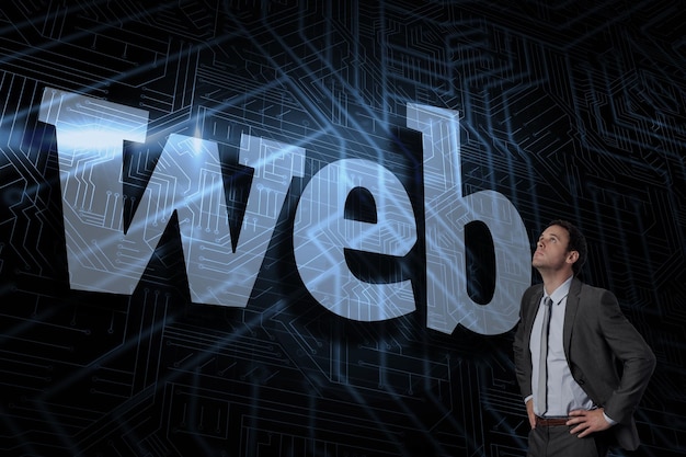 The word web and serious businessman with hands on hips against futuristic black and blue background
