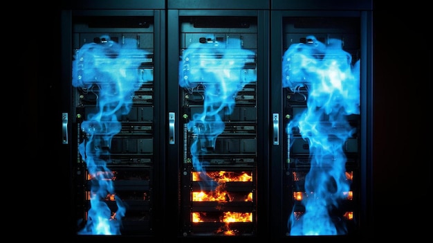 there are two servers with blue smoke coming out of them
