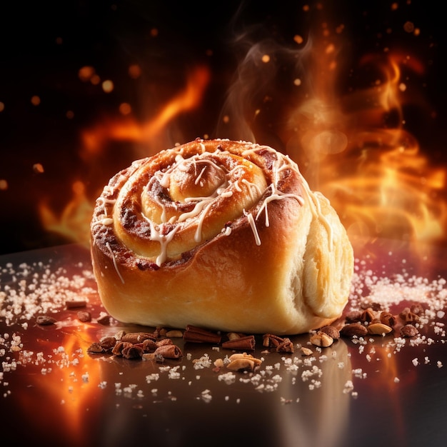 there is a cinnamon roll on a table with a fire in the background generative ai