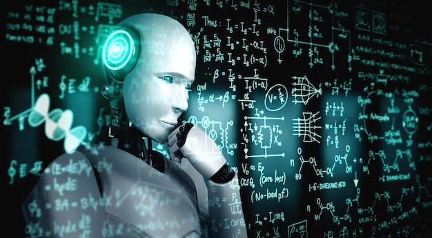 Thinking AI humanoid robot analyzing screen of mathematics formula and science
