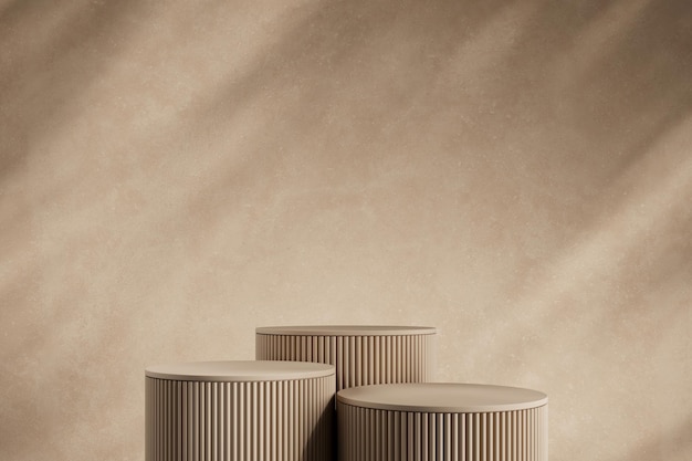 Three beige podium with minimal backdrop blur shadow background