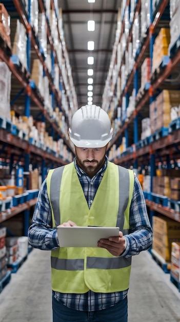 Top Down View Worker Wearing Hard Hat Checks Stock and Inventory Using Digital Tablet Computer in