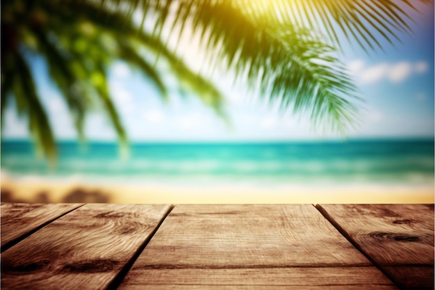 Top of wood table with seascape and palm leaves blur nature sea ocean