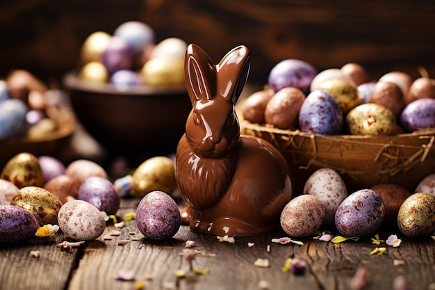 top view of chocolate easter eggs in nest with candy and copy space