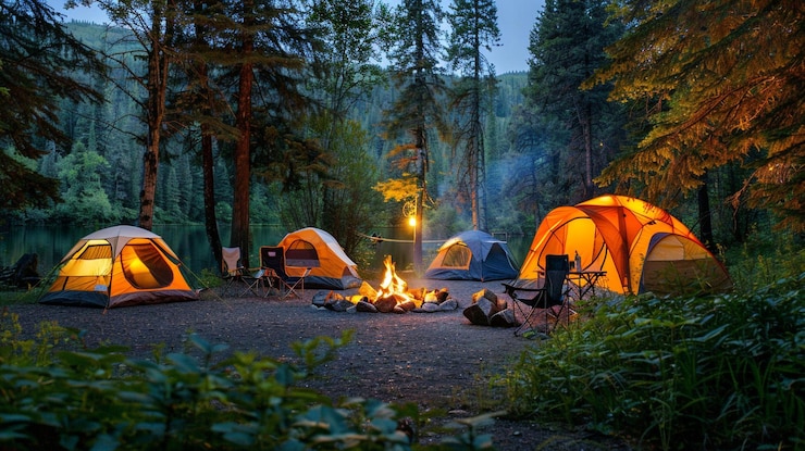 Fotoğraf tourists camping with a tent near a fire in the forest