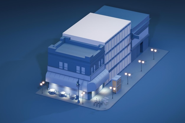 Town street lamps bus and roads on blue background Isolated city block at winter night 3d render