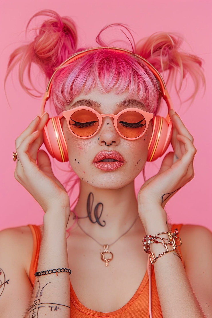 Fotoğraf trendy girl with pink hair wearing sunglasses enjoys