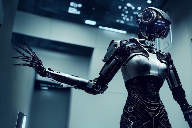Turuncu renkli yüksek teknoloji Exo Suit LED aydınlatma detaylarına sahip epik 3D portre kadın cyborg AI Üretilmiş Sanat