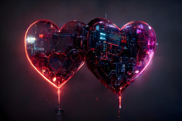 Two cybernetic glowing decorative hearts on gray background neural network generated art