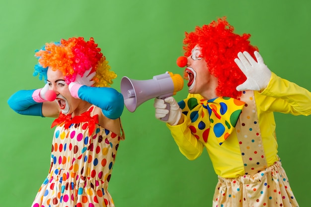 Two funny playful clowns standing on green