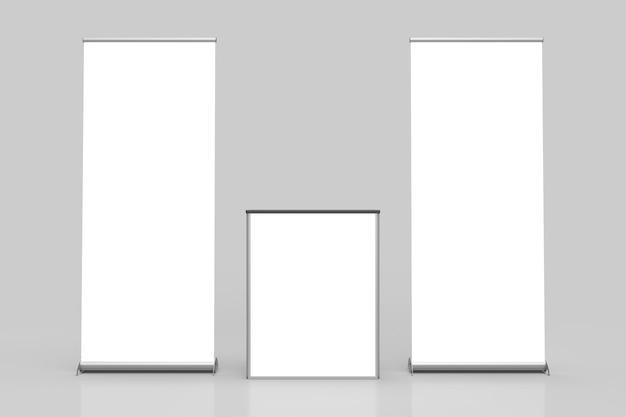 Two White Pullup Banner Exhibition Displays and Point of Sale Table in the middle Isolated mockup