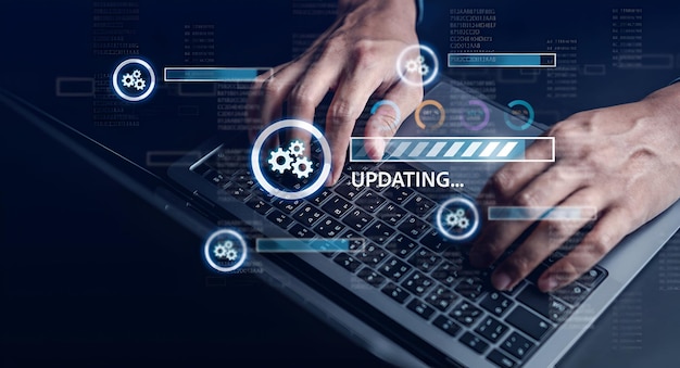 update software system in computer man using smartphone upgrade program business technology internet loading virtual bar with installing the update for the quality better