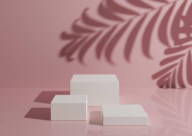 Ürün teşhir kompozisyonu için pastel pembe arka planda üç minimal beyaz podyum veya stand