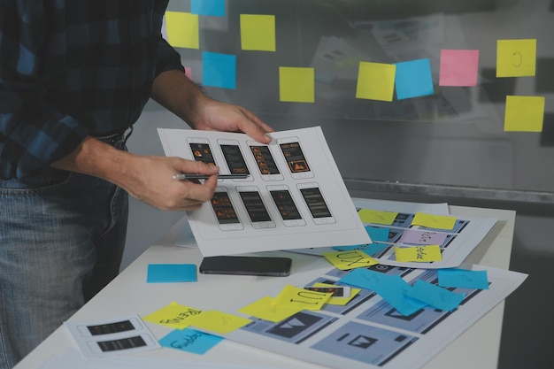 UX Grafik tasarımcı; web, cep telefonu Kullanıcı deneyimi konsepti için yaratıcı taslak planlama uygulama süreci geliştirme prototipi tel kafes