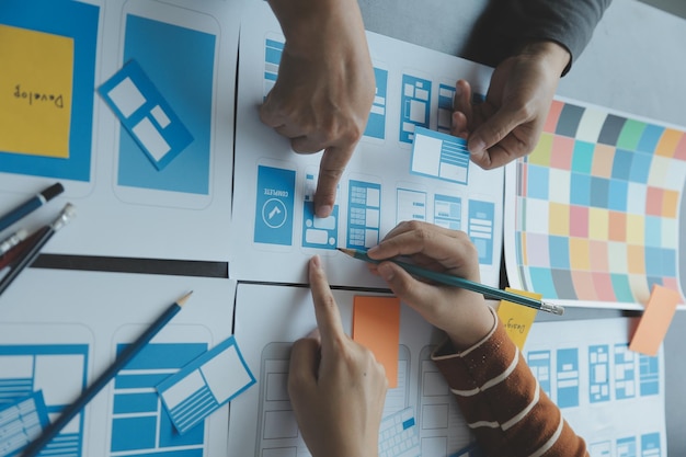 Ux Graphic designer creative sketch planning application process development prototype wireframe for web mobile phone User experience concept