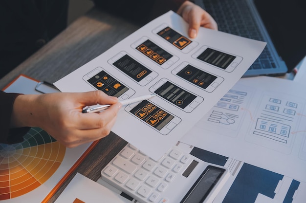 UX UI design process for modish mobile application and website Creative prototype of wireframe for professional app developer