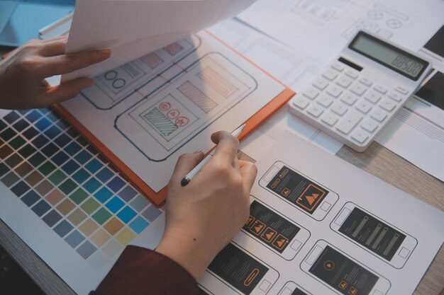 UX UI design process for modish mobile application and website Creative prototype of wireframe for professional app developer