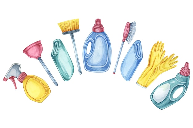 Variety of cleaning supplies including spray bottles gloves plunger broom and scrub brush Watercolor clipart for use in cleaning service brochures