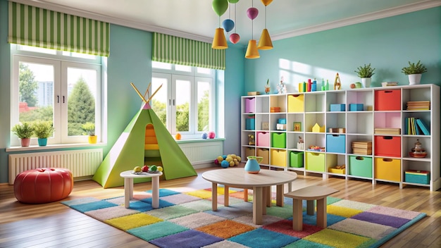 Vibrant Childrens Playroom with Colorful Furniture and Play Tent