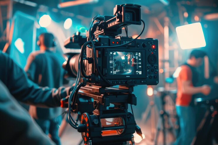 Video production crew and equipment in studio