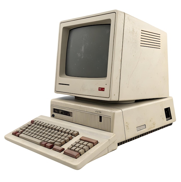 vintage computer with a CRT monitor attached keyboard and separate mouse