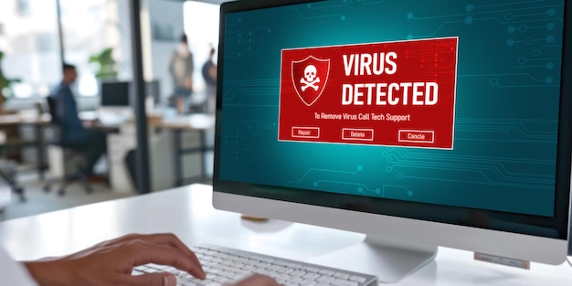 Virus warning alert on computer screen detected brisk cyber threat