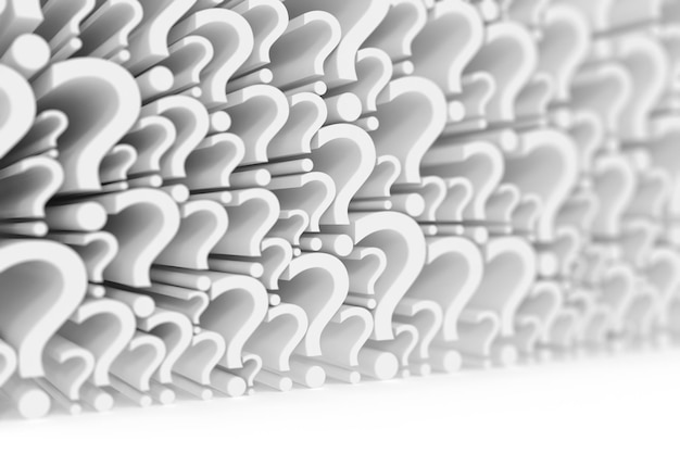 wall of question marks on a white background with focus effect. 3d rendering