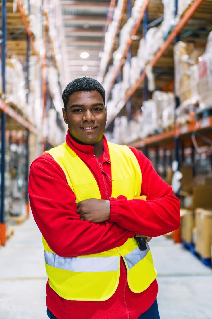 Fotoğraf warehouse worker smiling with arms crossed in logistics center