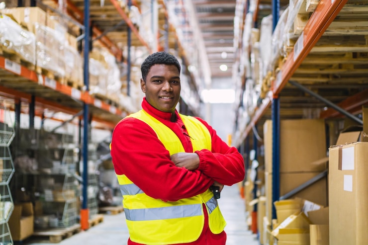 Fotoğraf warehouse worker smiling with arms crossed in logistics center