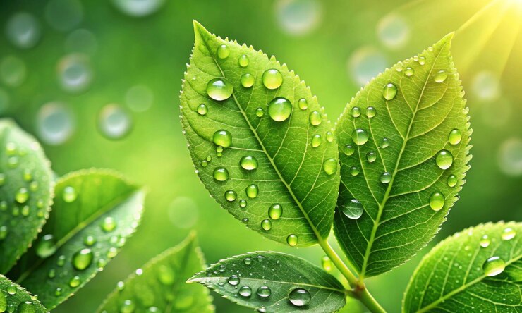 Water drops on green leaves illuminated by the sun