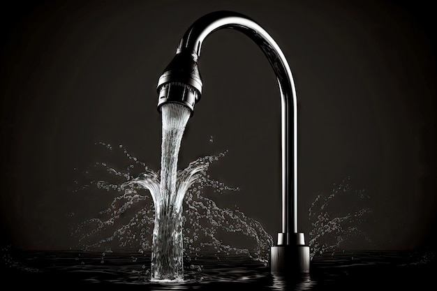 Water flows from small tap on dark background with large aerator