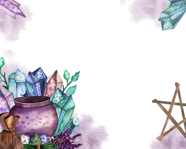 Watercolor card for text lettering Hand drawn magical items Crystals potion cauldron lavender purple