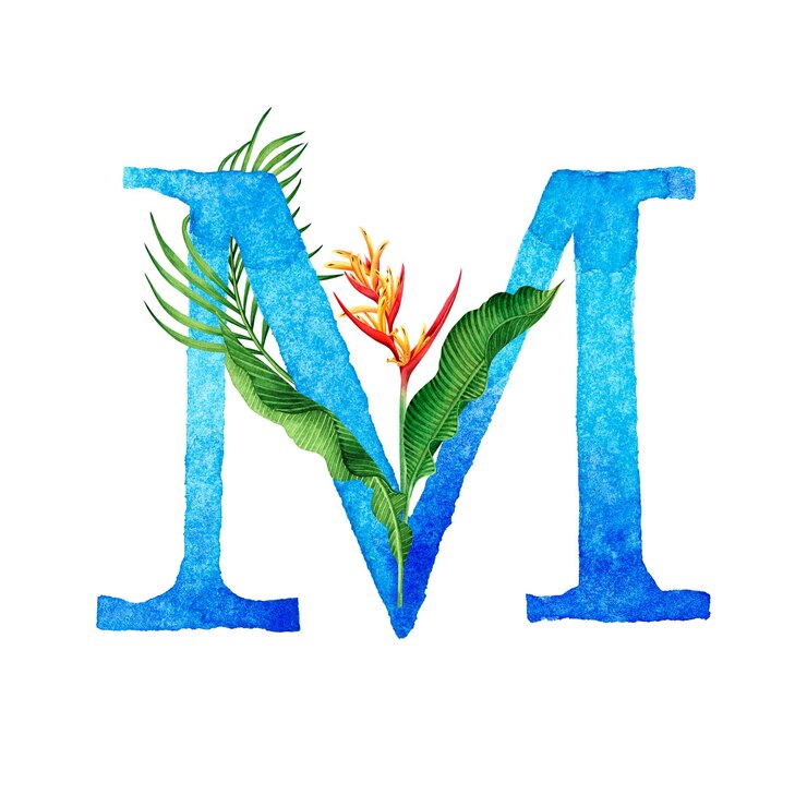 Fotoğraf watercolor floral with leaves alphabet m typography