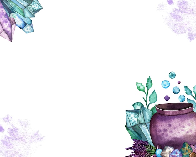 Watercolor Hand drawn magical items Crystals potion cauldron lavender bouquet purple spots