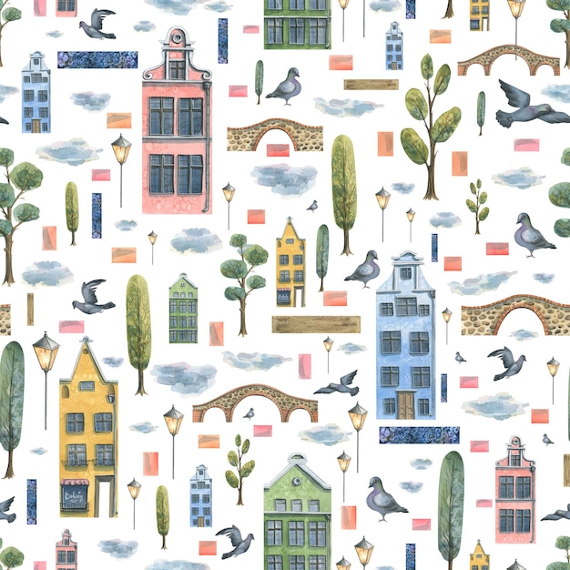 Watercolor illustration of a seamless pattern of cute old town houses european multicolored houses
