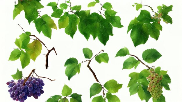 Watercolor illustration with grape brushes branches and leaves