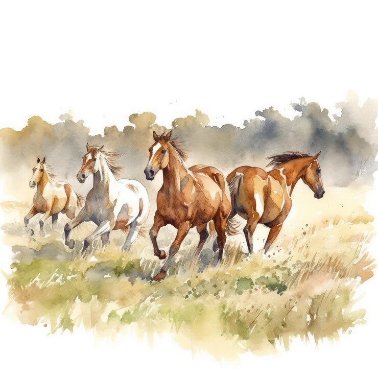 Watercolor painting of a herd of horses on the meadow